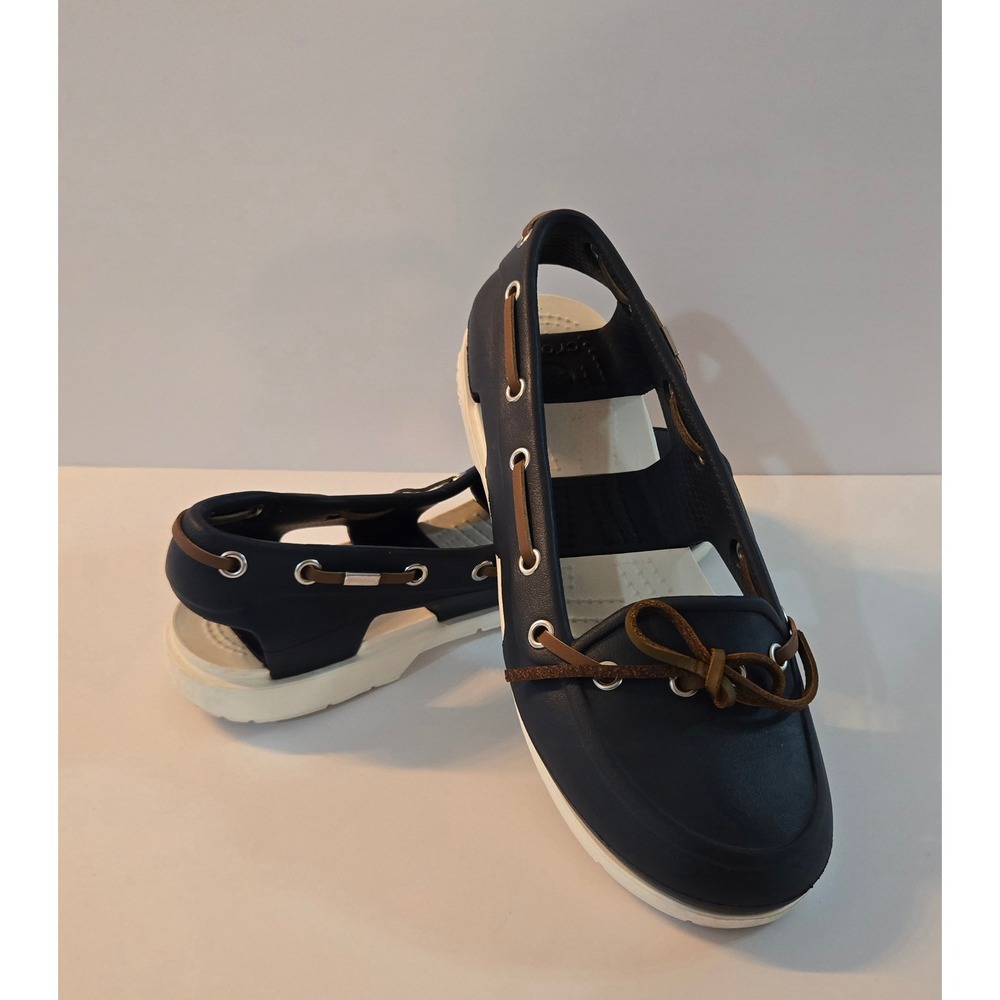 Crocs Women Navy Blue Beach Line Boat‎ Shoes Slip On Comfort Flats Size 6